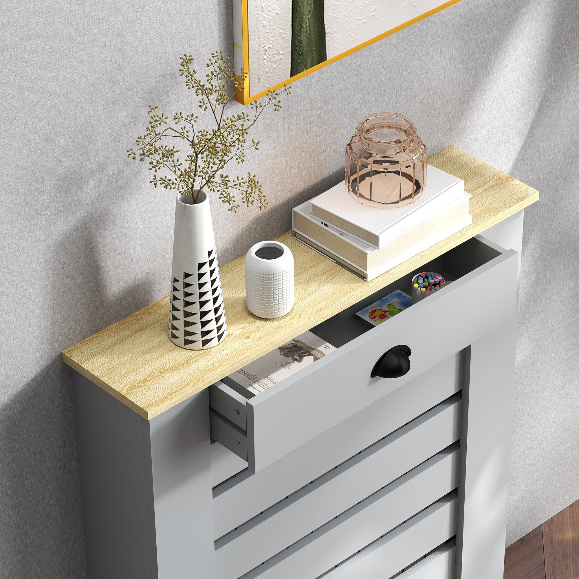 Copritermosifone a Doghe 78x19x95.5 cm Copricalorifero a Griglia con Cassetto in MDF Grigio