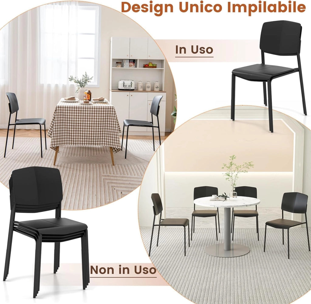 Set di Sedie da Pranzo da 4 Pezzi, Sedie Laterali senza Bracci con Schienale Ergonomico e Seduta Ampia, Sedie da Cucina Accumulabili per Casa e Ufficio, Portata 160 kg (Nero)