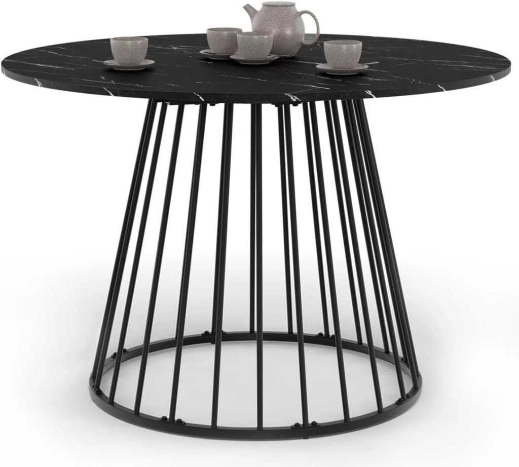 Tavolo da pranzo rotondo per 6 persone YUNA con piano in marmo nero effetto ALASKA e gamba in filo metallico nero 110 cm