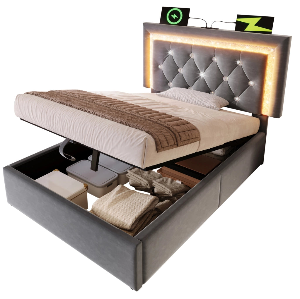 Letto singolo imbottito 90x200 cm con contenitore; LED; USB C e USB; velluto grigio
