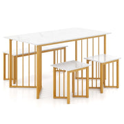 Set da pranzo composto da 4 pezzi: tavolo rettangolare (150 x 80 cm) panca e 2 sgabelli. Stile scandinavo moderno in metallo bianco e nero. 20_0011738