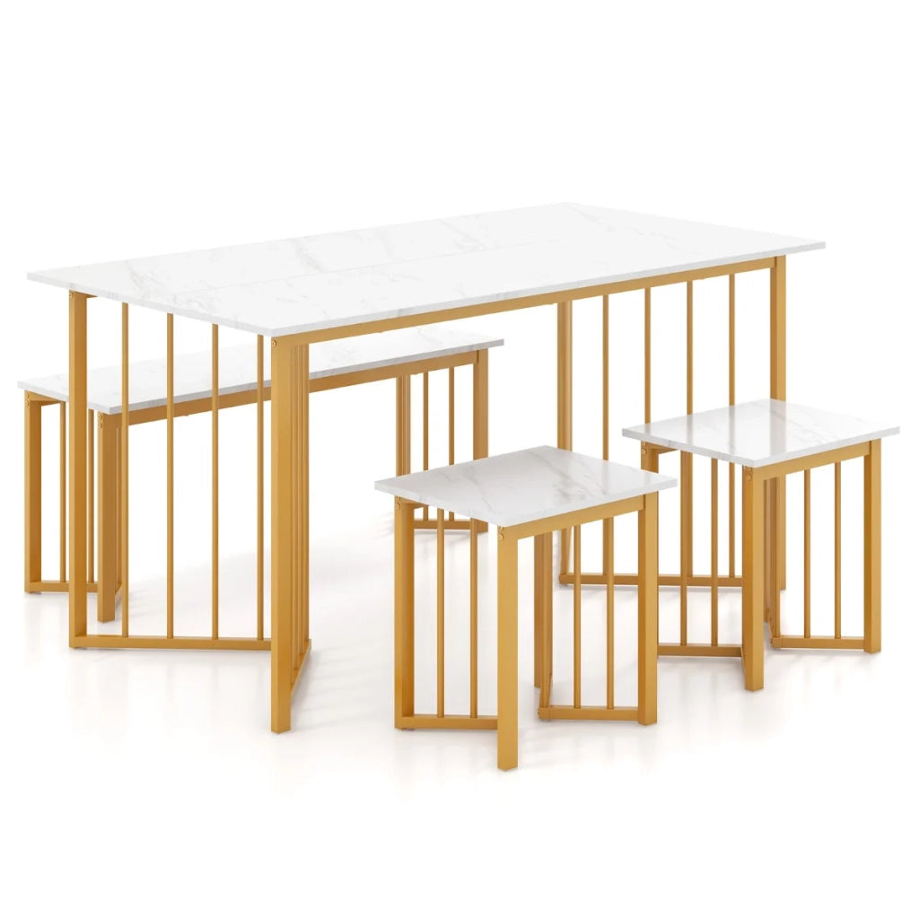 Set da pranzo composto da 4 pezzi: tavolo rettangolare (150 x 80 cm) panca e 2 sgabelli. Stile scandinavo moderno in metallo bianco e nero. 20_0011738