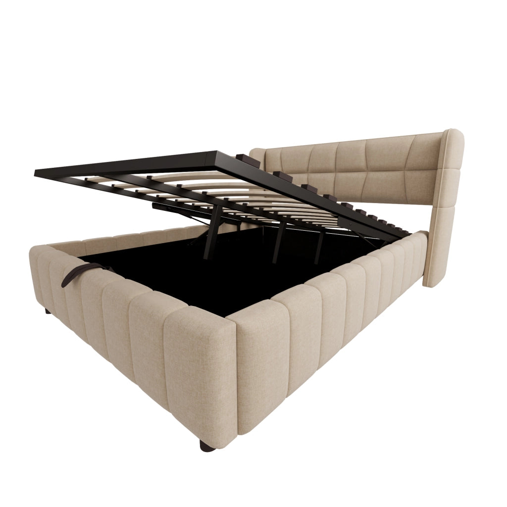 Letto imbottito con contenitore pneumatico 140x200 cm in tessuto beige