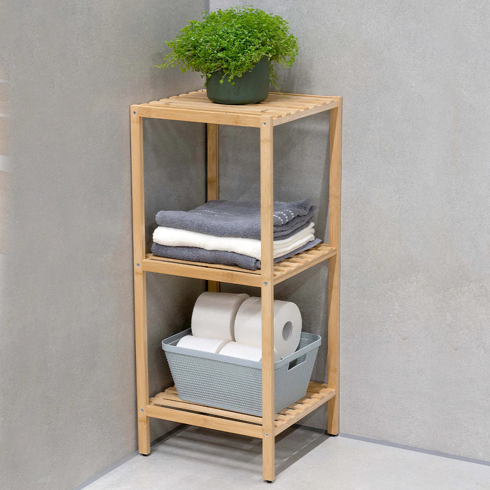 Scaffale a Colonna da Bagno 3 Ripiani Legno Bambù Organizer 33x32x77.5cm