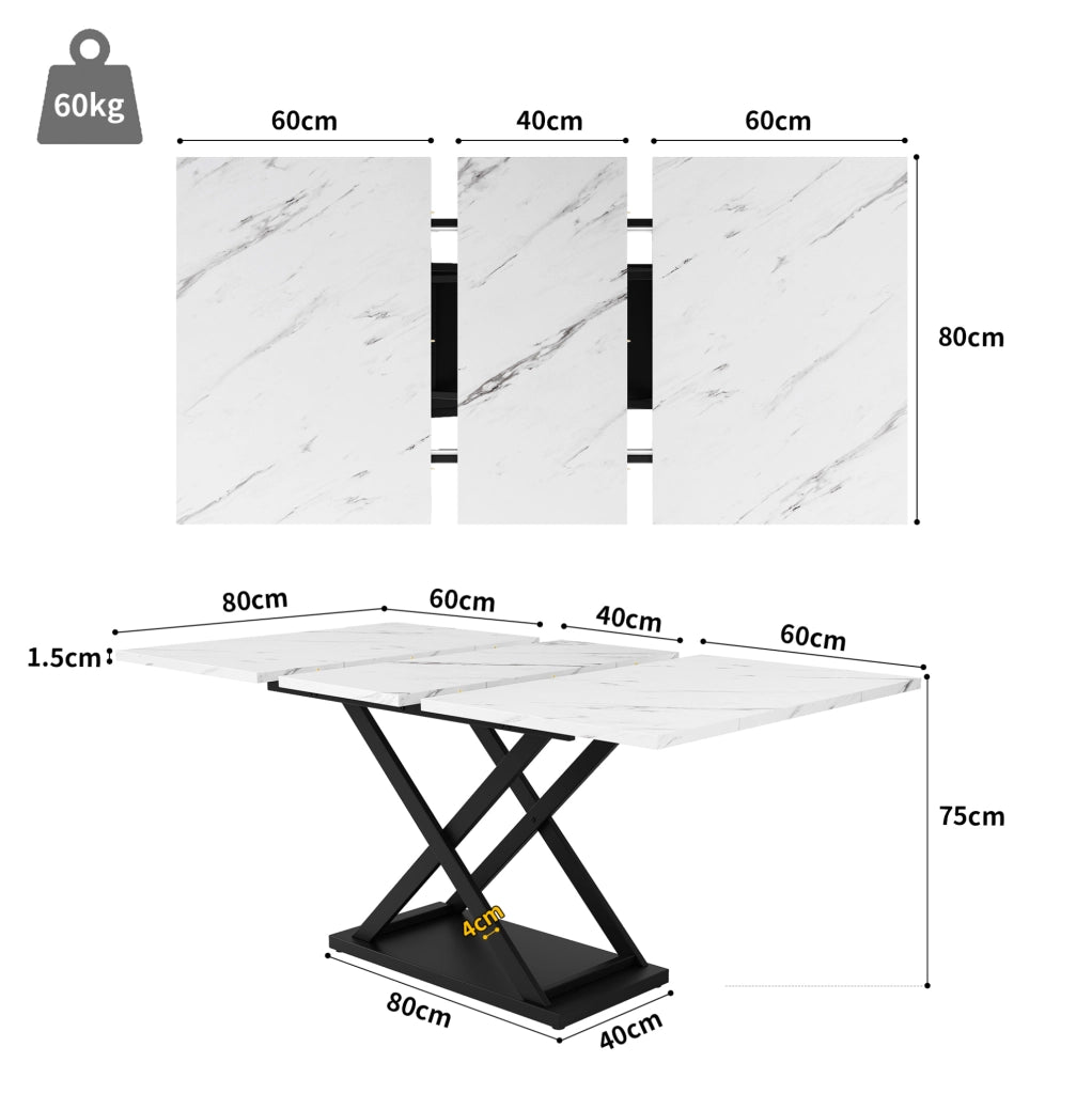 Set tavolo da pranzo allungabile con 4 sedie in velluto, bianco e nero