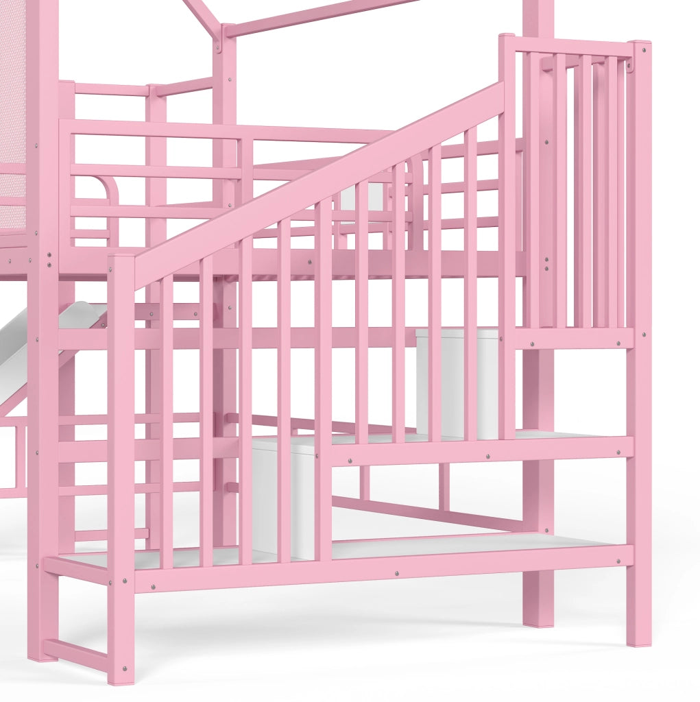 LETTO A CASTELLO Casa 140x200 cm Rosa in MDF e Metallo con Scivolo e LED Bluetooth