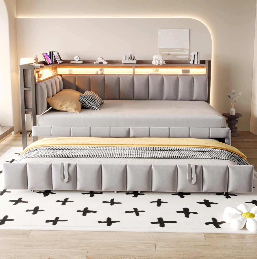 Divano letto multifunzione 90x200 cm in velluto grigio con letto estraibile; LED e USB