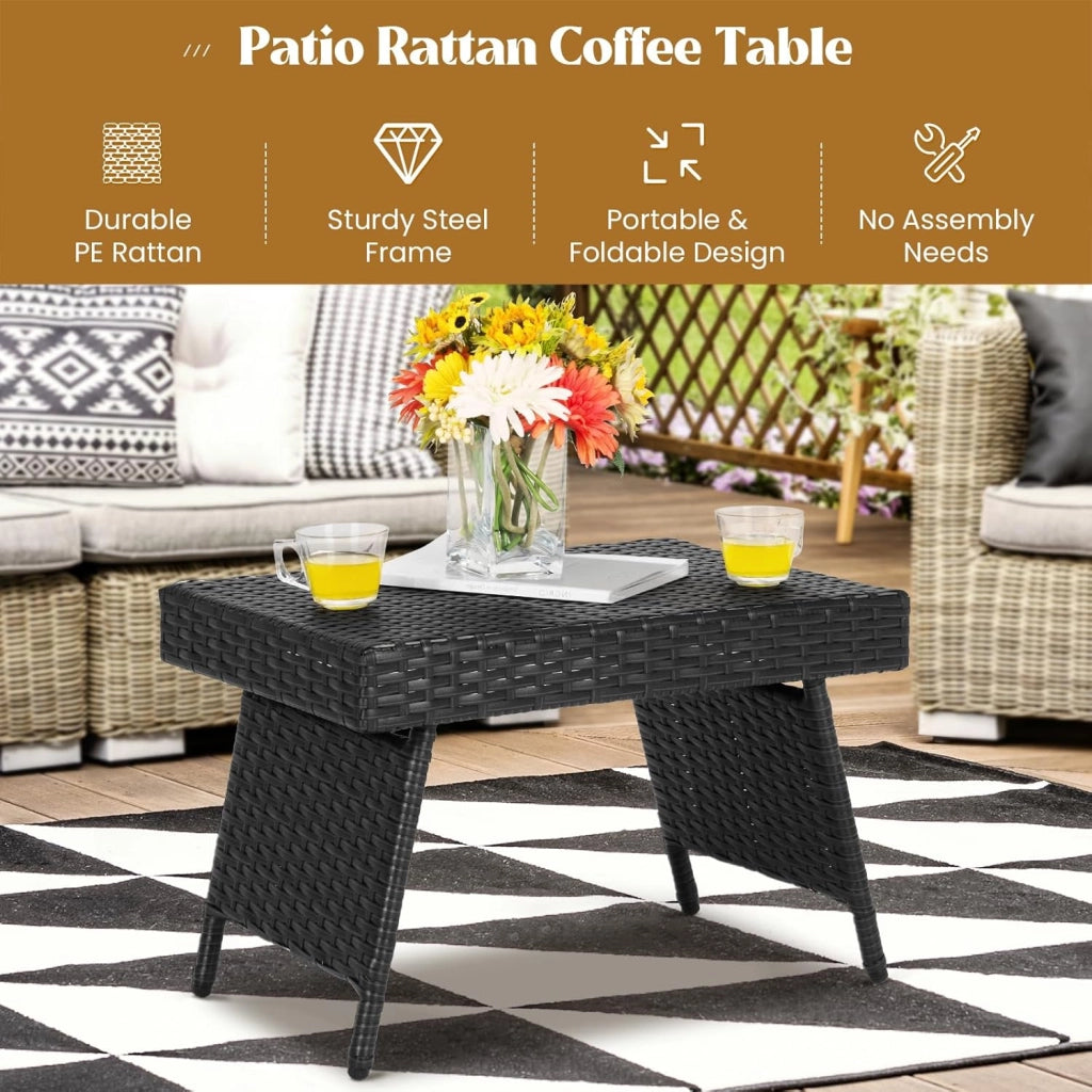 Tavolino da esterno in rattan, 60 x 40 x 40 cm, tavolino pieghevole da giardino con pattini regolabili, mobilità semplice, carico 45 kg, per salotto da giardino, balcone, patio, terrazza (nero