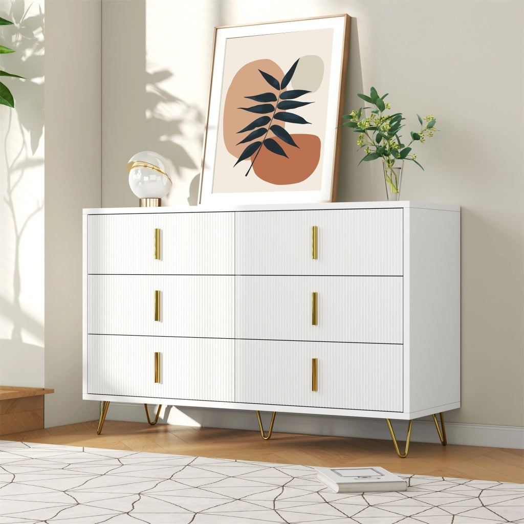 Credenza con 6 Cassetti; Frontale Ondulato; Maniglie e Gambe Dorate; Stile Moderno; in Pannello Truciolare; Bianco+Oro; 120??40??77 cm