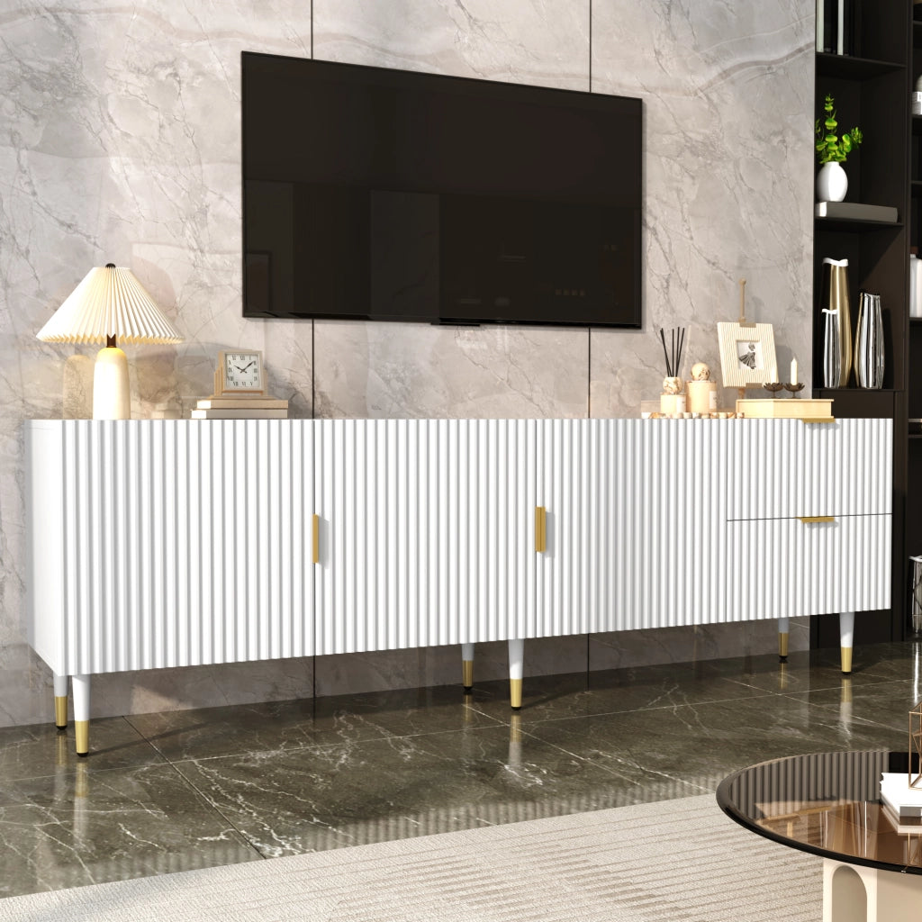 Mobile TV bianco a 3 ante con cassetti; ripiani e dettagli dorati 170 cm