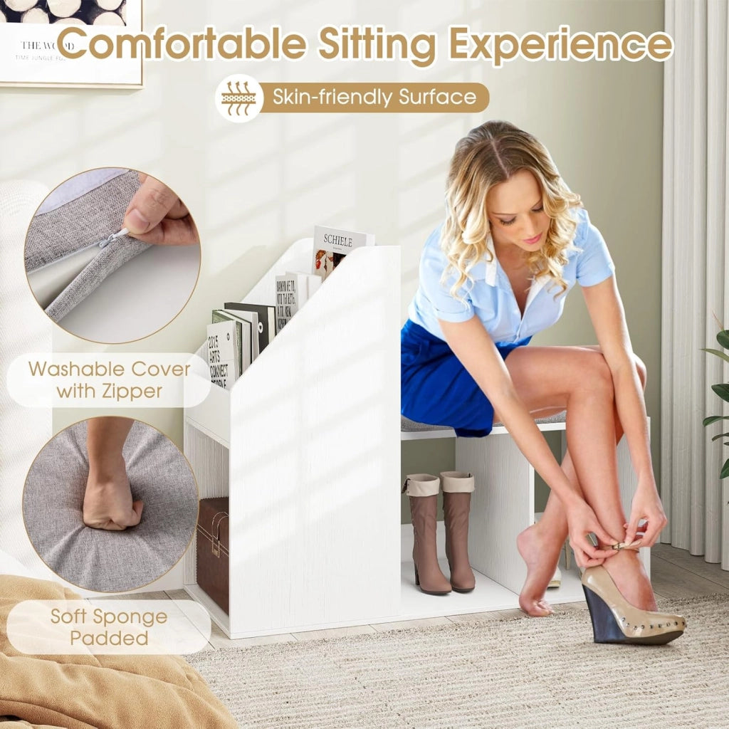 Panca Porta Scarpe, Organizzatore per Scarpe con Ripiano a 3 Livelli, Cuscino e 3 Cubi, Scarpiera con Supporto Laterale, Unità di Stoccaggio per Scarpe per Corridoio, Ingresso, Bianca