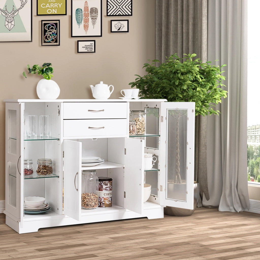 Armadietto di legno con ante in vetro temperato e cassetti-Buffet-Credenza per cucina e salone 107x30x82cm Bianco