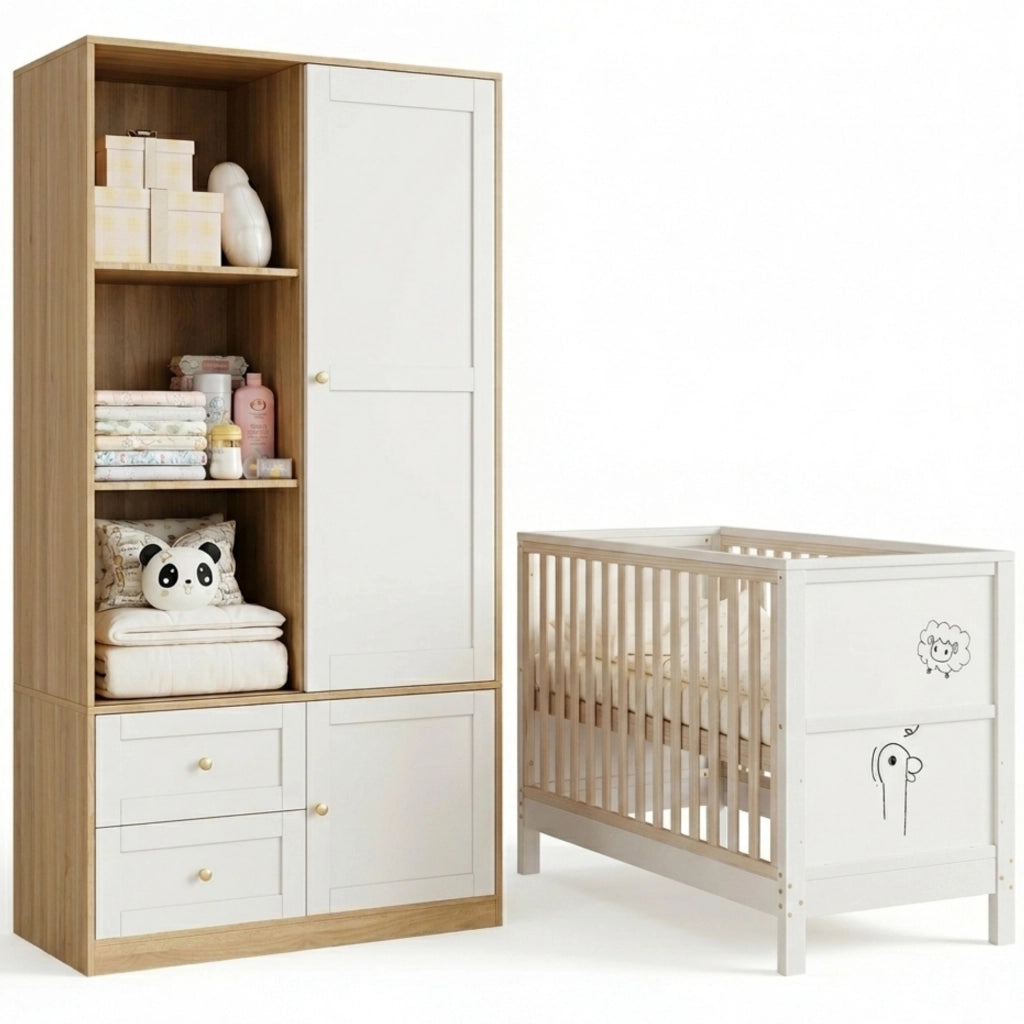Set cameretta con lettino a sbarre e armadio scorrevole, legno massello e MDF, Natural/White