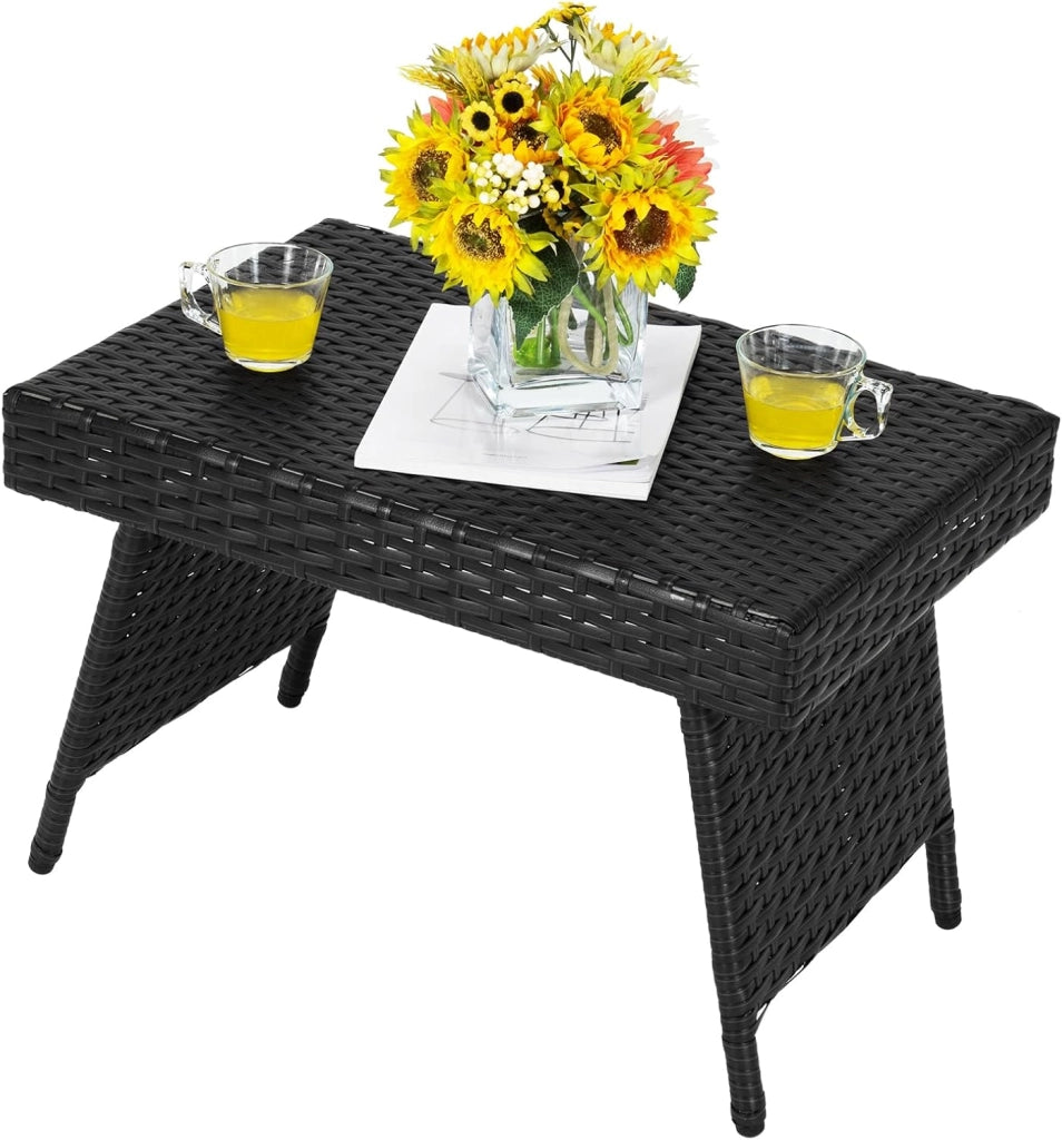 Tavolino da esterno in rattan, 60 x 40 x 40 cm, tavolino pieghevole da giardino con pattini regolabili, mobilità semplice, carico 45 kg, per salotto da giardino, balcone, patio, terrazza (nero