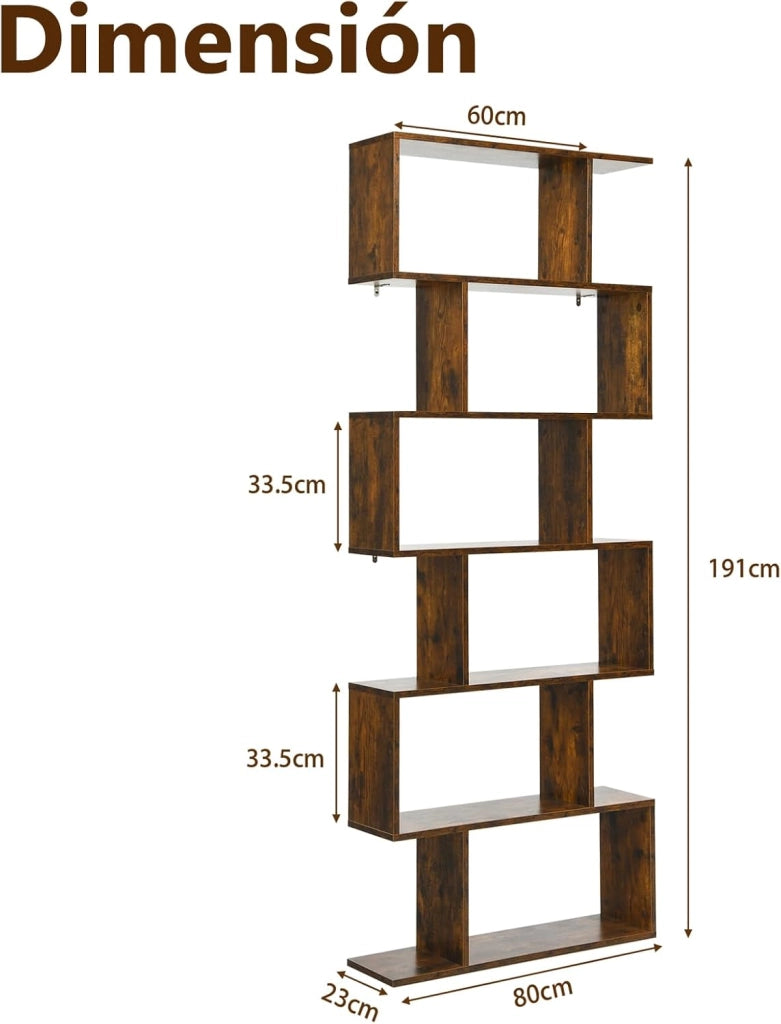 Libreria a 6 livelli, libreria a forma di S, scaffali per libri, design antiribaltamento, libreria, per soggiorno, camera da letto, studio, ufficio, 80 x 23 x 191 cm (caffè)