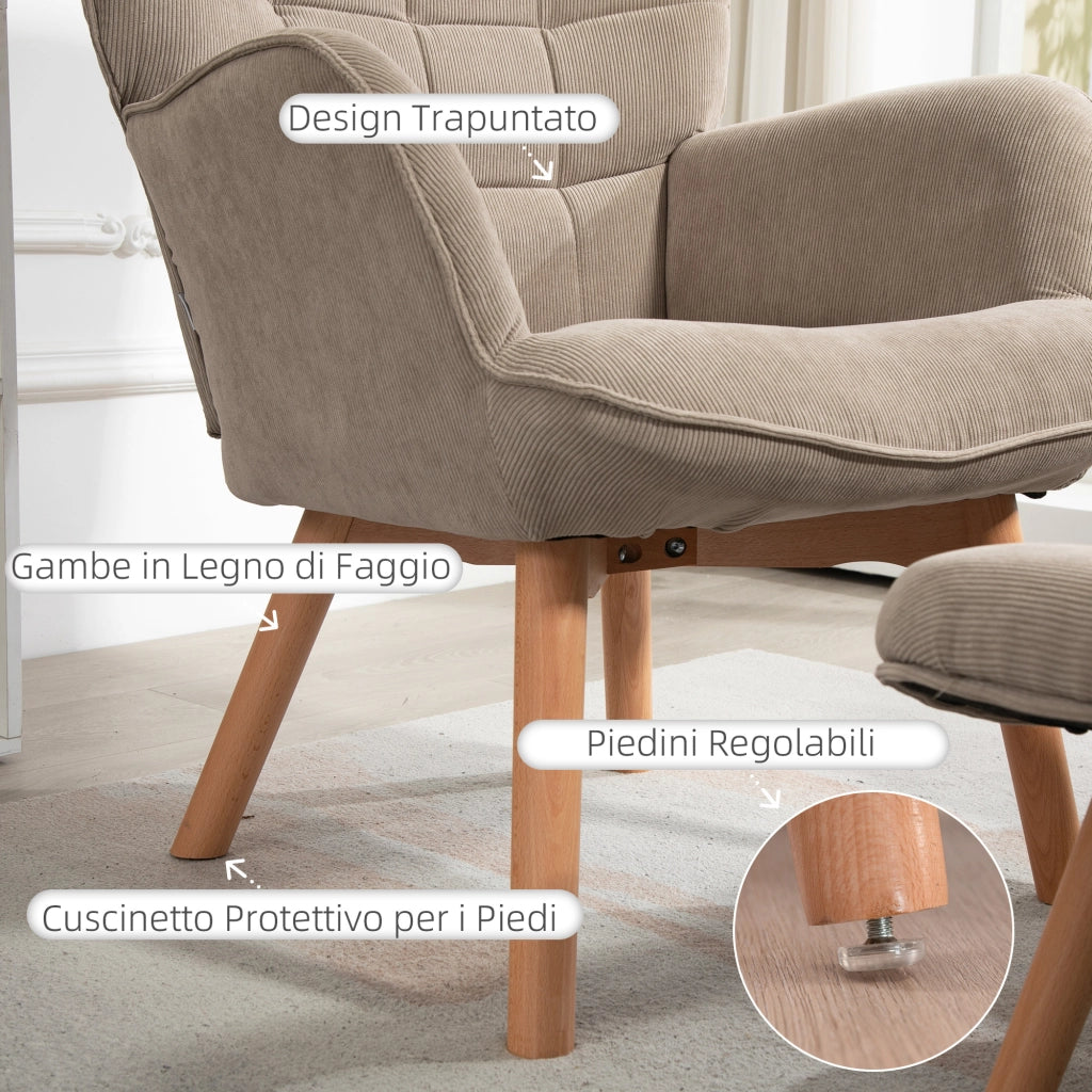 Poltrona con Poggiapiedi Design Moderno 72x80x101 cm in Tessuto Effetto Velluto Marrone Chiaro