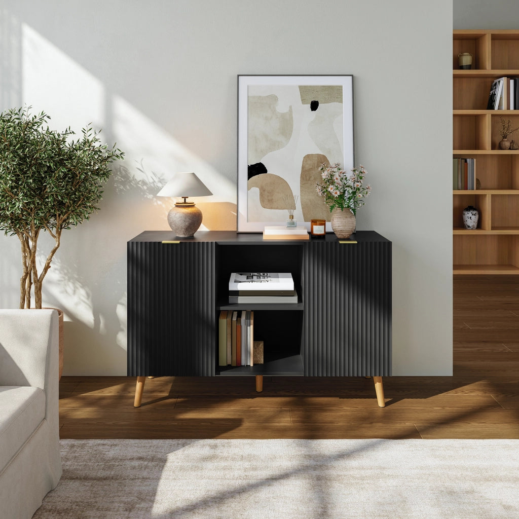 Credenza Nand Madia con 2 Ante Scanalate 120x40x76 cm Nero [en.casa]