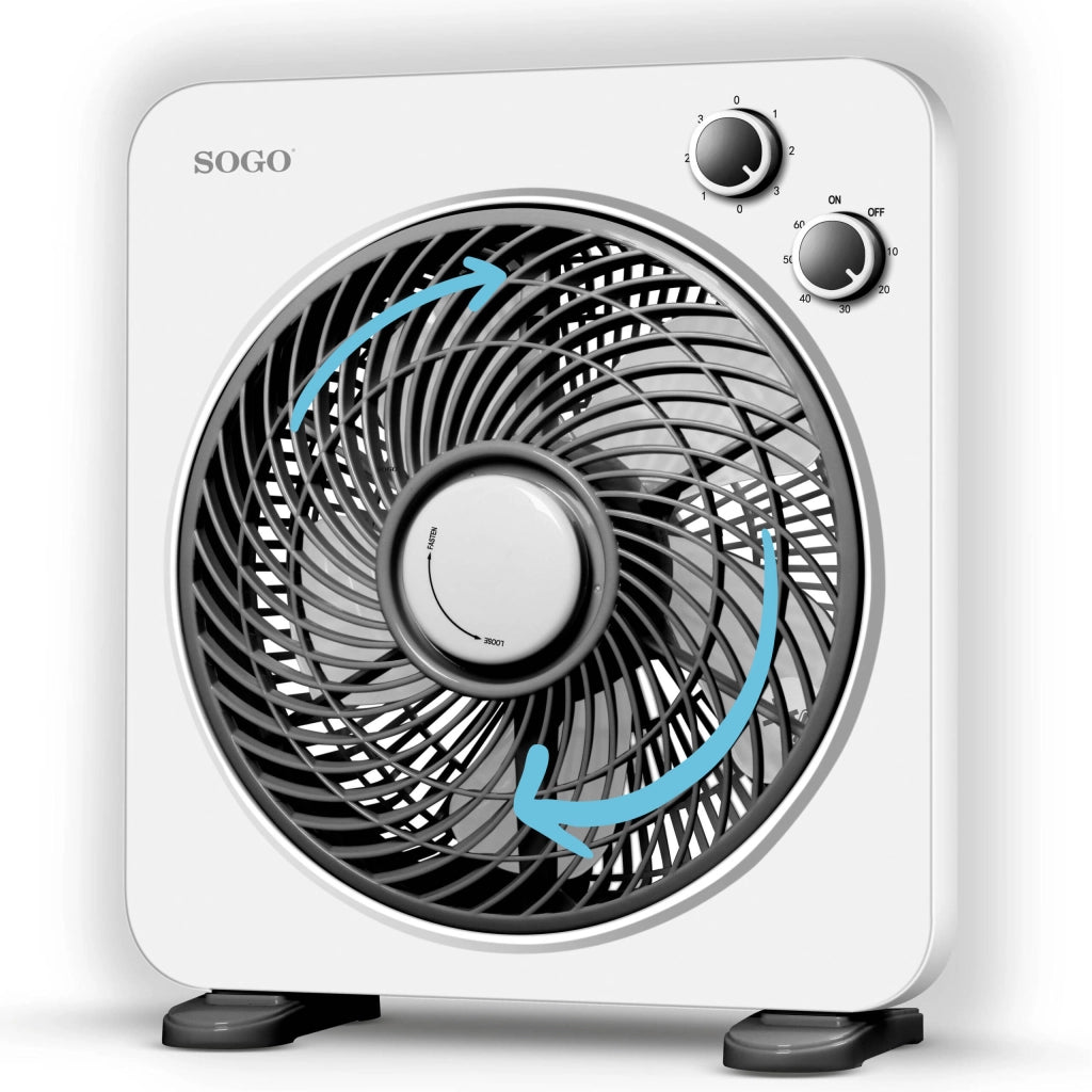 Ventilatore box da tavolo 25cm, 5 pale, 3 velocità, timer 1 ora, griglia orientabile multidirezionale 45W - SOGO