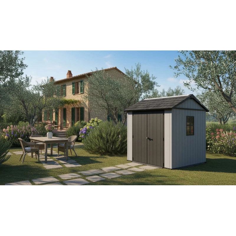 Casetta da giardino in resina EVOTECH+ 223x230 cm - con pavimento e doppia porta - carico neve 150 kg/m² – Newton Plus 757/775 - Grigio - Keter