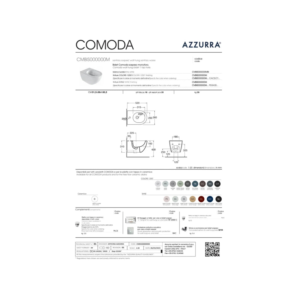 Bidet Sospeso Azzurra Ceramica "Comoda" Bianco Opaco