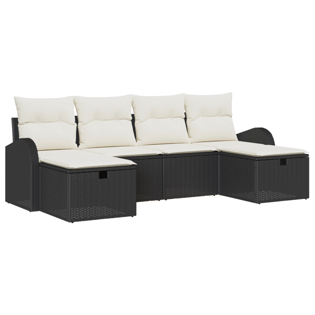 Set divano da giardino a 6 pezzi con cuscini in polyrattan nero