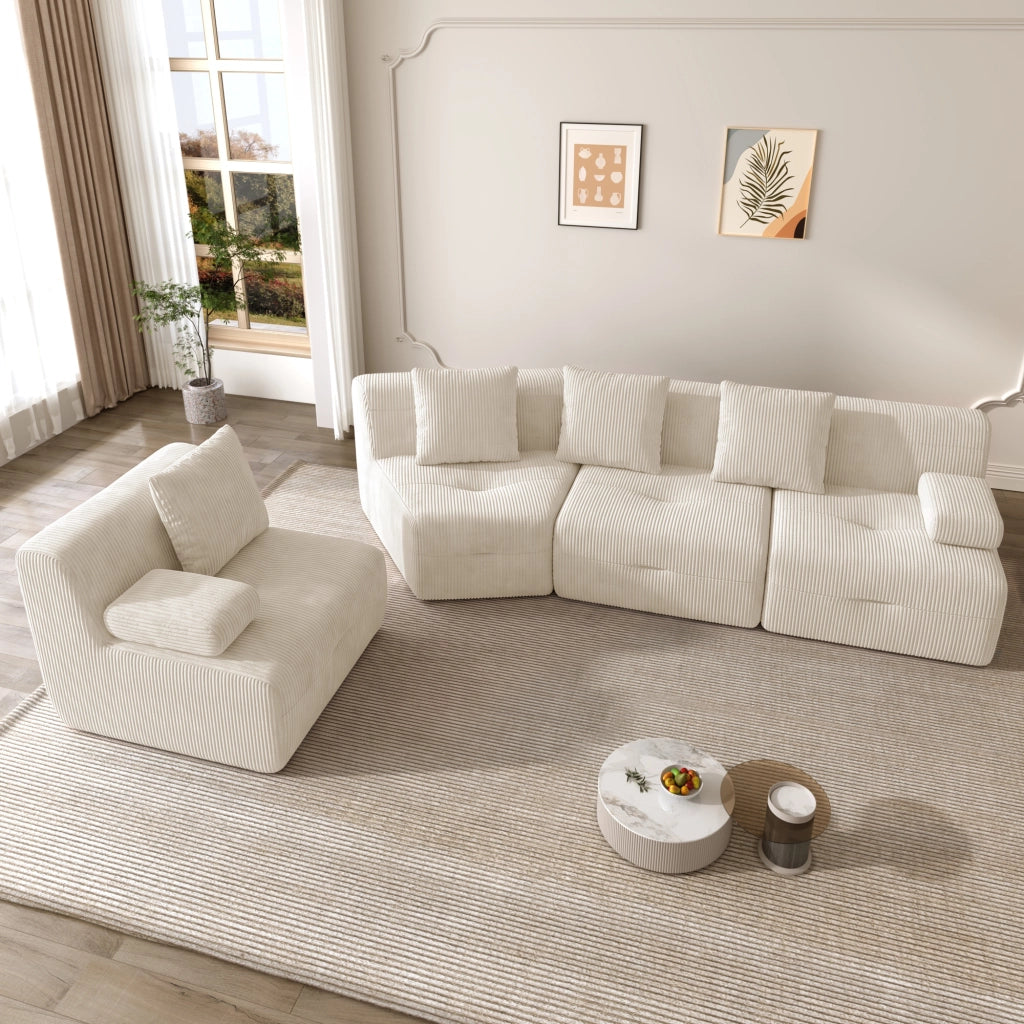 Divano modulare 4 posti - con 4 moduli e senza montaggio - in velluto a coste beige chiaro