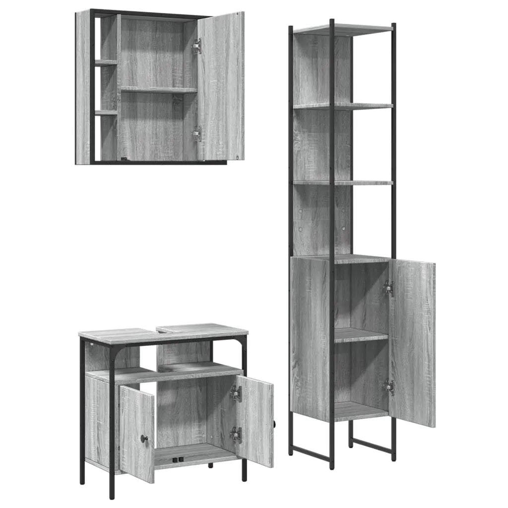 Set Mobili da Bagno | Armadio da bagno 3 pz Grigio Sonoma in Legno Multistrato
