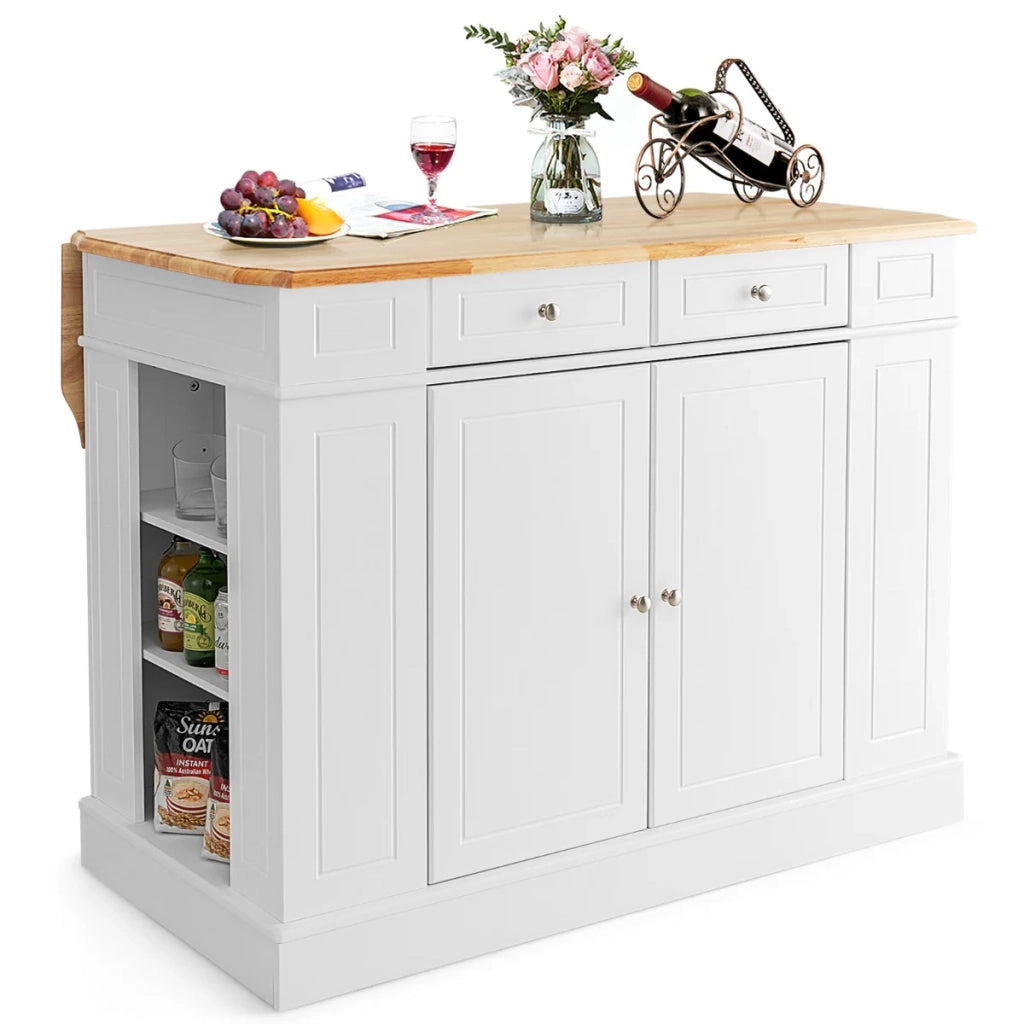Isola cucina 120 x 61 x 92 cm con pratico vano contenitore e piano ribaltabile stile moderno legno di caucciù bianco 20_0019264