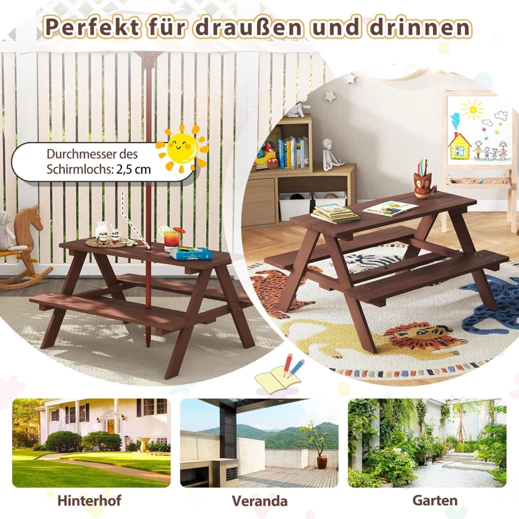 Set di mobili da giardino in legno per bambini, con ombrellone, tavolo da picnic per bambini con protezione UV e impermeabile, tavolo da giardino e panca, set di mobili da giardino per esterni