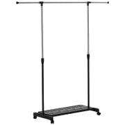 Stender Appendiabiti Estensibile con Ruote, Asta in Acciaio Inox e Ripiano per Scarpe 159x42x168 cm Nero e Argento