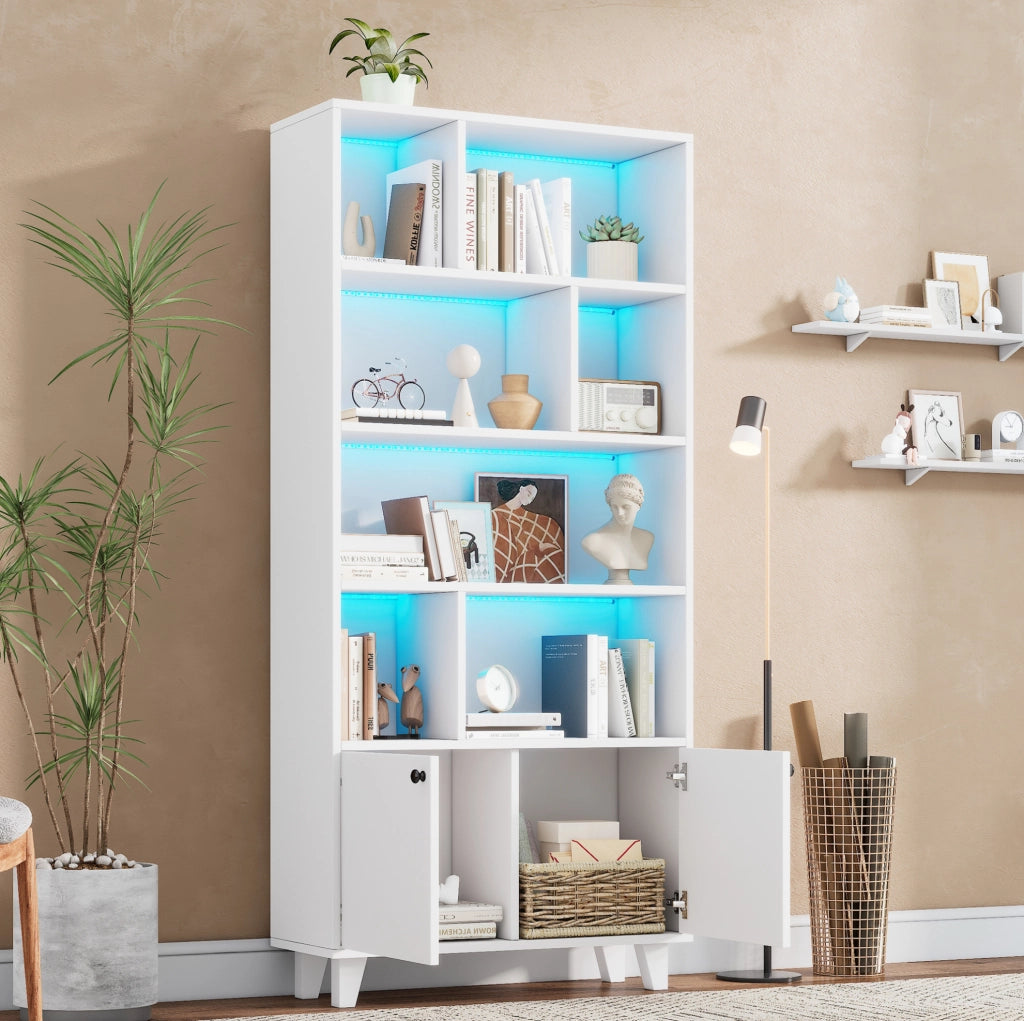 Libreria 80x30x173 cm in MDF bianco， LED via app， 2 ante
