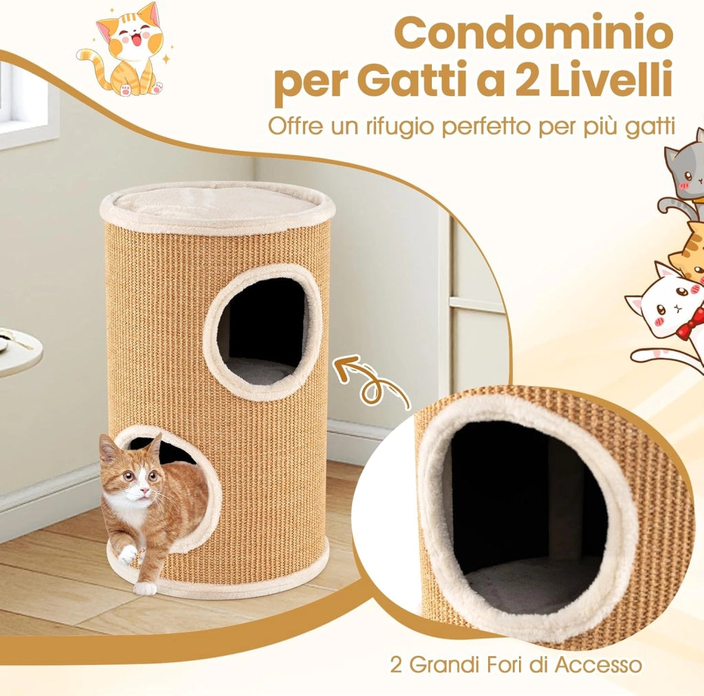 Cuccia per Gatti a 3 Piani, Cassetta Multilivello con Tappetino per Graffi in Sisal e Letto Morbido per Pisolini, Torre a Forma di Barile per Gattini, 36 x 36 x 60 cm
