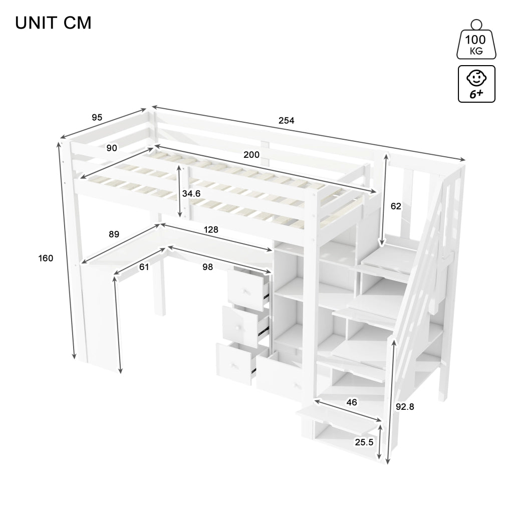 Letto a soppalco ULEVR 90x200 cm con scrivania, cassetti, ripiani e scaletta contenitore, bianco