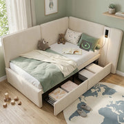 Letto Imbottito con Cassetti e Luce LED ¨C MINIMAL ¨C Velluto Beige 90x200