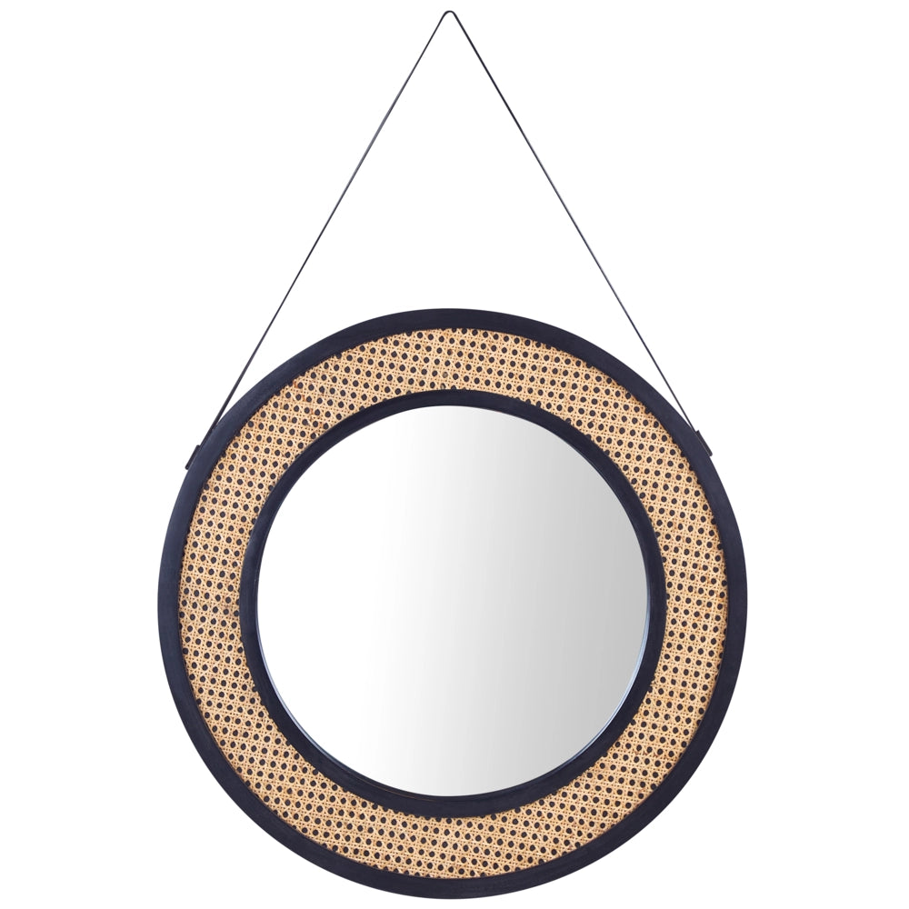 Specchio da parete con cinghia e struttura di forma rotonda in rattan metallo nero ø 70 cm soggiorno camera da letto ingresso