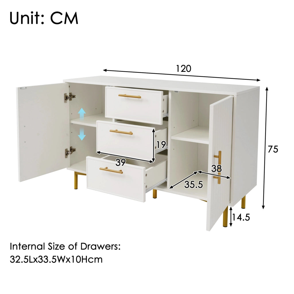 Credenza moderna con 2 ante e 3 cassetti; ripiano regolabile; 120x40x75 cm; bianco