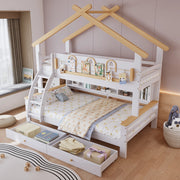 Letto a castello per ბავშვi con 2 cassetti su ruote; scala inclinata e tetto; 90x200 cm; bianco e naturale