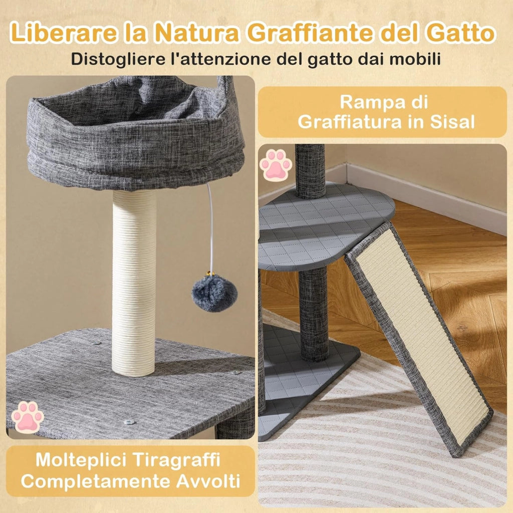 Tiragraffi per Gatto Alto 117 cm, Albero Tiragraffi Gatto con 5 Piattaforme, 2 Pali Sisal e Pallina Pompon, Torre Tiragraffi per Gatti con Grotta e Trespolo, Grigio