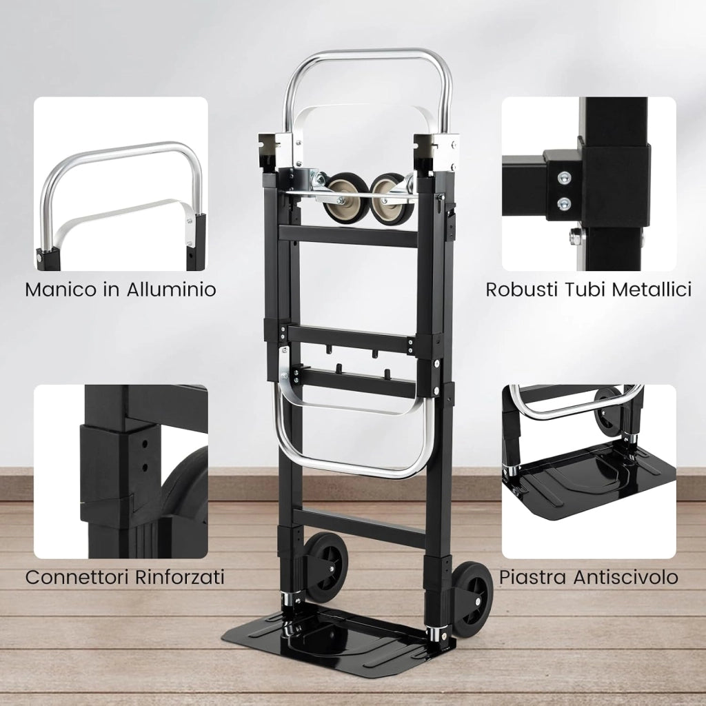 Carrello Pieghevole 3 in 1, Carrello a Mano e Piano Regolabile con Manico Retrattile e Lunghezza Regolabile, Capacità di Carico 272 kg, per Garage, Magazzino