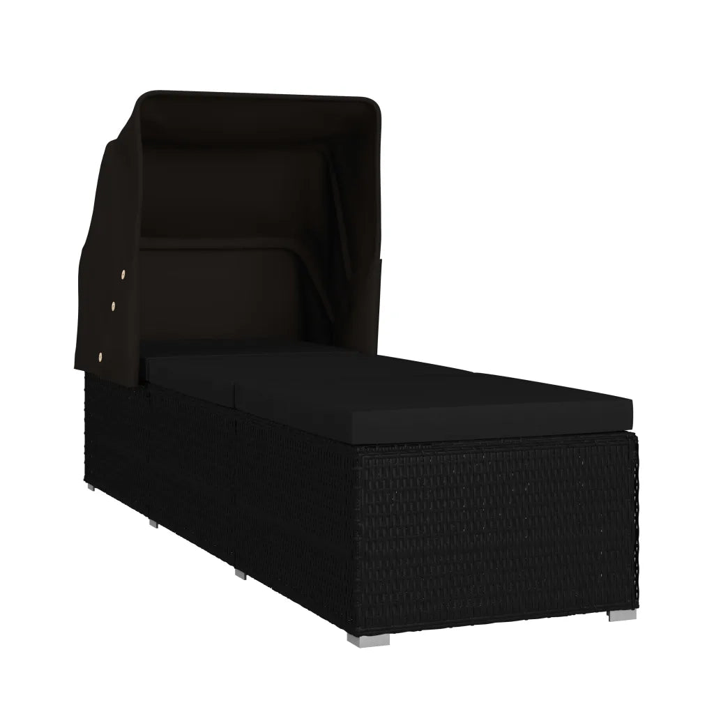 Lettino Prendisole con Tettuccio e Cuscino in Polyrattan Nero 46249