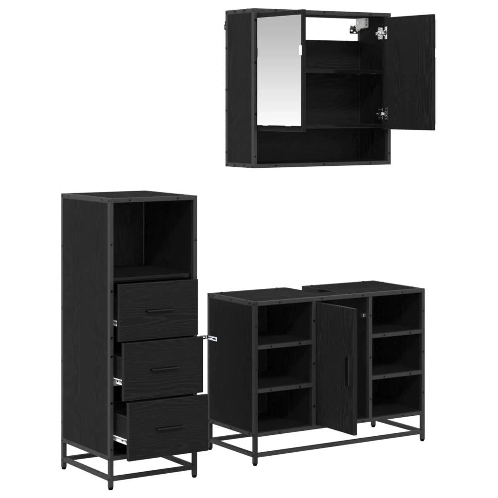 Set di mobili per il bagno 3 pcs Rovere Nero Legno multistrato