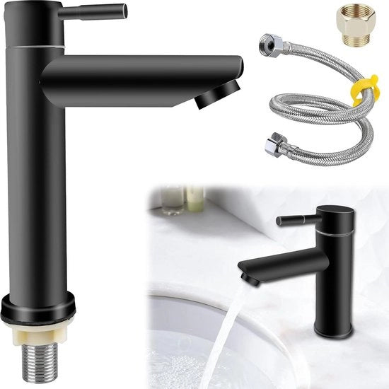Cranio dell'acqua fredda in acciaio inossidabile - miscelatore da bagno a un giro - tubo di connessione da 60 cm - adatto per il bagno degli ospiti - nero.