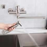 Kraan per wandmontaggio con sproeitube e due tipi di getto d'acqua, 360° girante uscita 350mm, in acciaio inox liscio per lavandino.