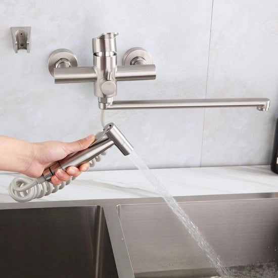 Kraan per wandmontaggio con sproeitube e due tipi di getto d'acqua, 360° girante uscita 350mm, in acciaio inox liscio per lavandino.