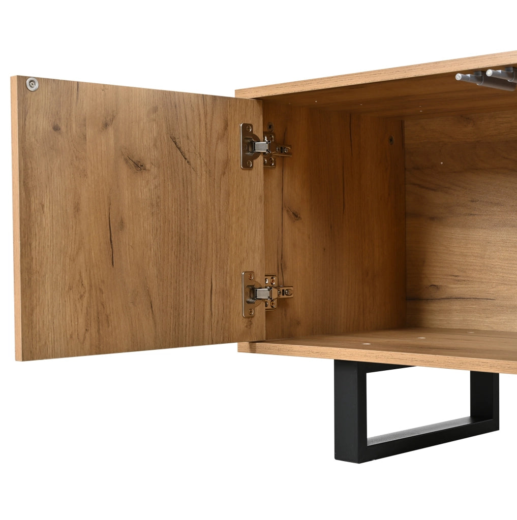 Mobile TV moderno 180x40x50 cm in truciolare effetto legno naturale e nero; per TV fino a 75 pollici