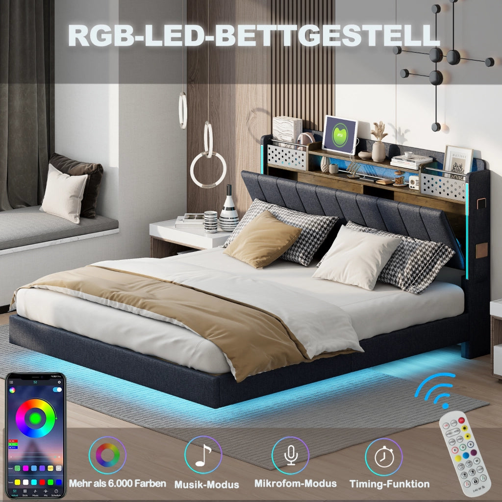 OKWISH Letto Matrimoniale 140×200 cm con USB, LED Regolabile e Contenitore, senza Materasso, in Tessuto Imbottito, Grigio