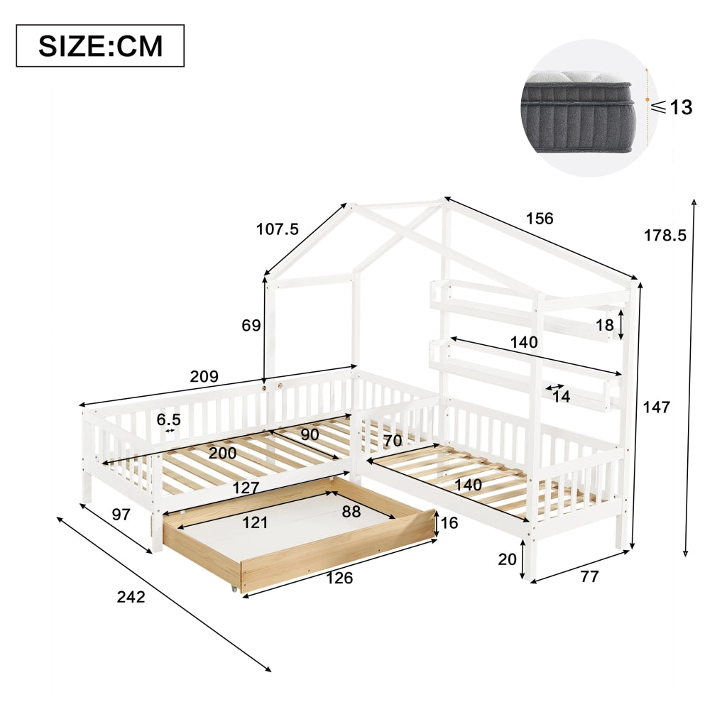 Letto a casetta a L per bambini con cassetto e scaffali bianco
