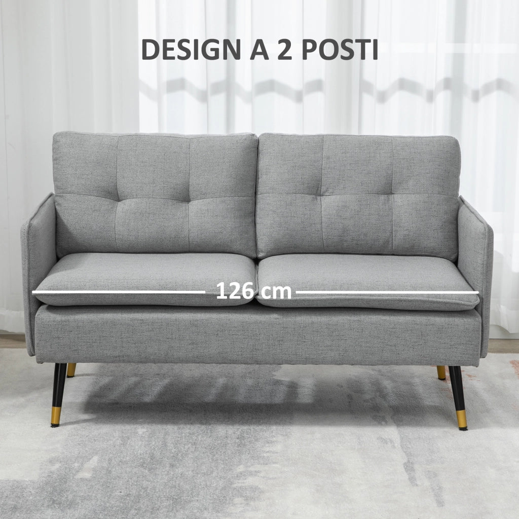 Divano 2 Posti in Tessuto con Cuscini Imbottiti e Gambe in Acciaio 139x68x80cm, Grigio