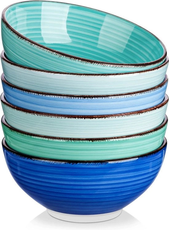 Set di Cottura in Ceramica Vintage Blu da 6 Parti - 800ml - Glaze per Cambio di Forno - Insalatiera, Frutta, Pasta e Ramen