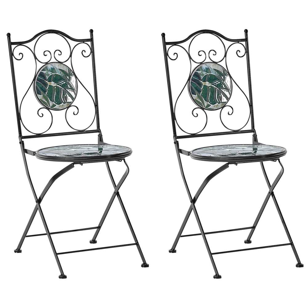 Set di 2 sedie da esterno in metallo pieghevoli con motivo a mosaico verde e struttura in ferro nero stile vintage